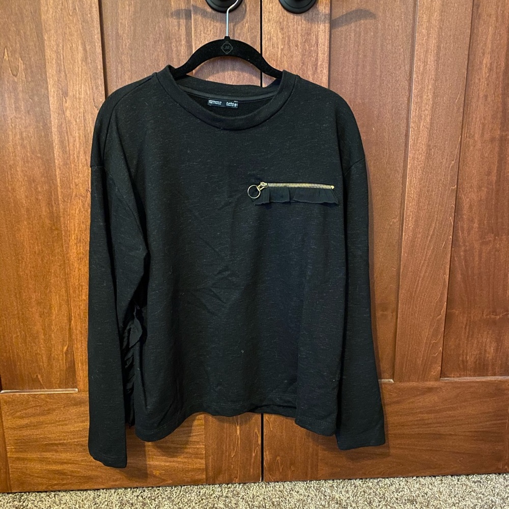 Zara Black Sweater With Frills & Zipper Detail